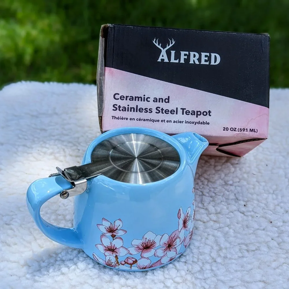 NWOT ALFRED Ceramic & Stainless Steel Teapot 20 oz Infuser Blue Cherry Blossoms